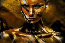 Glasschilderij - 100x150 / 80x120cm (liggend) - exclusive - vrouw gouden tint meubelboutique. Nl